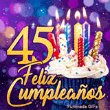 GIF de 45 años cumpleaños con un cupcake y velas de colores iluminadas más el número 45 en oro sobre fondo violeta.
