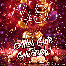 Bunte Ballons Geschenke und Blumen umrahmen die goldene Zahl 45 mit Alles Gute zum Geburtstag und funkelndem Konfetti vor reichem rotem Hintergrund