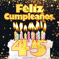 Tarjeta GIF de cumpleaños feliz de 45 años con torta y velas