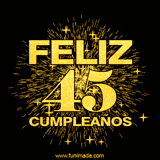 GIF animado con un diseño dorado, mostrando el número 45 rodeado de fuegos artificiales y luces que resaltan una atmósfera festiva y vibrante.