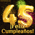 ¡Muy felices 45 años! GIF de texto dorado y fuegos artificiales.