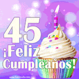 Animación de un cupcake con cobertura blanca, confites de colores, una vela encendida y el número 45 en grande sobre un fondo púrpura con luces brillantes.