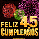GIF animado con el número 45 en dorado, rodeado de fuegos artificiales rojos, verdes y morados, con el mensaje 'Feliz cumpleaños' en letras doradas.