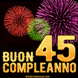 Animazione di fuochi d'artificio colorati con il numero 45 in oro brillante e la scritta 'Buon Compleanno' su uno sfondo nero festivo ed elegante.