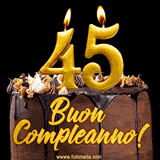 GIF animato con una torta al cioccolato decorata con crema, dettagli dorati e due candele accese che formano il numero 45. Messaggio 'Buon Compleanno' in scritta elegante.