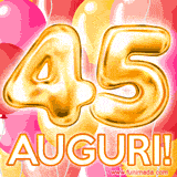 Bouquet animato di palloncini multicolori che emergono da una scatola regalo, con il numero 45 e la scritta 'Tanti Auguri!' su uno sfondo pieno di coriandoli.
