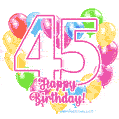 Colorful heart-shaped balloons frame GIF for a 45th birthday celebration
