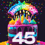 Chocolate cake with cyan layers, pink dressing and a big number 45 adorned with vibrant multicolored frosting, lit candles, and a rainbow topper with text that says 'Happy Birthday'. Animated colorful confetti move behind the cake.