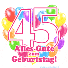 Ein verspieltes animiertes Geburtstags-GIF mit bunten Ballons in Herzform und der Zahl 45.