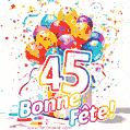 Des confettis animés, des ballons multicolores et un coffret cadeau dans un joyeux GIF de 45e anniversaire