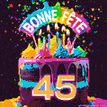 Gâteau au chocolat avec le numéro 45 orné d'un glaçage vibrant, de bougies et d'une décoration arc-en-ciel