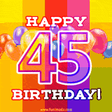A birthday cake with lit candles is shown with colorful balloons and animated confetti.