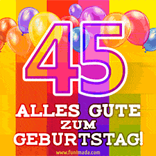 Große Zahl 35 in Umrissschrift, die Worte 'Alles Gute zum 45. Geburtstag', mehrfarbige animierte Ballons und lebendiger Hintergrund.