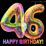 Shiny number 46 birthday celebration balloons with an iridescent glow and glitter on a black background with twinkling stars.