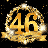 Il numero 46 è circondato da un anello dorato brillante, accompagnato da un nastro elegante con la scritta 'Buon Compleanno!' su uno sfondo scuro.