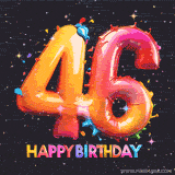 A vibrant age-specific birthday short animation displays the number '46' in shiny balloon-like letters with the words 'Happy Birthday' underneath. The dark background is punctuated with festive stars and balloons.