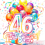 Animazione con palloncini colorati e scintillanti, accompagnata dal numero 46 in caratteri grandi e luminosi, e la scritta 'Tanti Auguri!' in stile vivace.