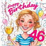 An animated birthday GIF featuring a smiling cartoon woman holding a glass of wine. Text reads 'Happy Birthday 46' surrounded by colorful balloons and confetti.