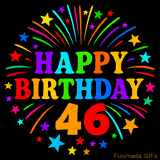A birthday cake with lit candles is shown with colorful balloons and animated confetti.