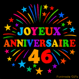 GIF animé 'Joyeux Anniversaire 46' avec des lettres colorées et des feux d'artifice éclatants