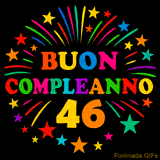 GIF animata 'Buon Compleanno 46' con lettere colorate e fuochi d'artificio