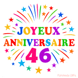 GIF animé joyeux anniversaire 46 ans avec étoiles multicolores et feu d’artifice