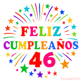 Imagen animada para felicitar los 46 años con letras de colores y diseño festivo.