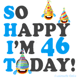 A fun birthday animation celebrating turning 46 with colorful party hats, smiling faces, and cheerful emojis.