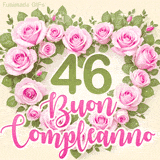 GIF per il 46° compleanno con un cuore di rose rosa e scritta elegante
