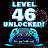 Animated GIF for a 46 birthday. The text 'Level 46 Unlocked!' and 'Happy Birthday!' are displayed over a blue video game controller with exploding fireworks in the background.