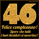 Un GIF animato per un 46° compleanno, Presenta il testo 'Buon Compleanno 46' su uno sfondo giallo vivo con palloncini colorati, festoni e una pioggia di coriandoli.