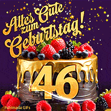 Eine köstlich aussehende animierte Geburtstagskarte für den 46. Geburtstag, dekoriert mit Erdbeeren, Blaubeeren und goldenen Details, Sterne funkeln und fallen, mit 'Alles Gute zum Geburtstag!'-Text.
