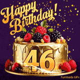 A delicious-looking animated birthday card for a 46th birthday, decorated with raspberries, blackberries, and gold details, Stars sparkle and fall, with 'Happy Birthday!' text above.