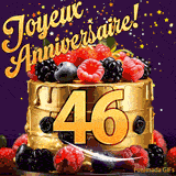 Une animation de célébration d'un gâteau de 46ème anniversaire, Des étoiles dorées tombent du ciel, mettant en valeur le texte 'Joyeux Anniversaire !' et le nombre doré 46 à l'avant du gâteau.