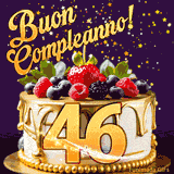 Un GIF animato di una bellissima torta per il 46° compleanno con glassa dorata e frutti di bosco freschi, Il numero dorato 46 è davanti, e stelle cadono su uno sfondo viola scuro.