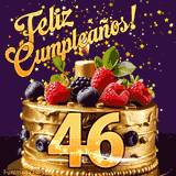 Una animación de celebración de una tarta para el 46º cumpleaños, Estrellas doradas caen del cielo, destacando el texto '¡Feliz Cumpleaños!' y el número dorado 46 en la tarta.