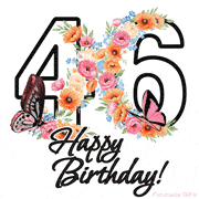 A floral 46th birthday animated greeting card. The number '46' is surrounded by animated flowers and butterflies, creating a beautiful and cheerful way to celebrate the milestone.