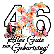 Ein florales GIF zum 46. Geburtstag. Die Zahl '46' ist von animierten Blumen und Schmetterlingen umgeben und bietet eine schöne und fröhliche Art, den Meilenstein zu feiern.
