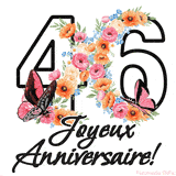 Ce GIF de Joyeux 46ème Anniversaire présente le nombre vingt rempli d'un bouquet vibrant de fleurs animées, avec des papillons qui bougent doucement sur un fond blanc.