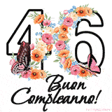 Questo GIF di Buon 46° Compleanno mostra il numero venti riempito con un vibrante bouquet di fiori animati, con farfalle che si muovono dolcemente su uno sfondo bianco.