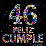 Joyas relucientes de colores conforman la cifra 46 y las letras FELIZ CUMPLE, haciendo un claro contraste con el fondo negro estrellado.