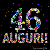 Il numero 46 e la scritta Auguri creati con gioielli brillanti di diverse tonalità su un fondo nero animato da piccole scintille di luce.