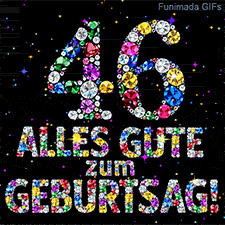 Die aus bunten Diamanten bestehende Zahl 46 und die Worte Alles Gute zum Geburtstag auf dunkler Leinwand mit kleinen funkelnden Sternen.