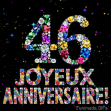 Le chiffre 46 et le lettrage Joyeux Anniversaire réalisés en joyaux éclatants de diverses couleurs sur une toile noire avec des étincelles.
