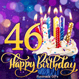 A frosted cupcake with burning candles next to a large gold number 46. Below is cursive Happy Birthday text against a sparkling purple bokeh.