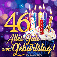 Törtchen mit Streuseln und leuchtenden Kerzen neben der goldenen 46. Der kursive Glückwunsch leuchtet vor einem violetten Sternenhintergrund.