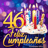 Animación de cumpleaños 46 años ilustrando el número 46 dorado, una tarta mágica y efectos de luz morados.