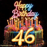 Spinning birthday cake GIF with rainbow frosting swirls, bright candles, and large glowing golden number 46.