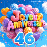 Des lettres 3D colorées formant Joyeux Anniversaire flottent au vent, accompagnées du grand chiffre bleu 46 attaché aux rubans.