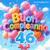 Lettere 3D colorate che formano Buon Compleanno fluttuano al vento, accompagnate dal grande numero azzurro 46 attaccato ai nastri.